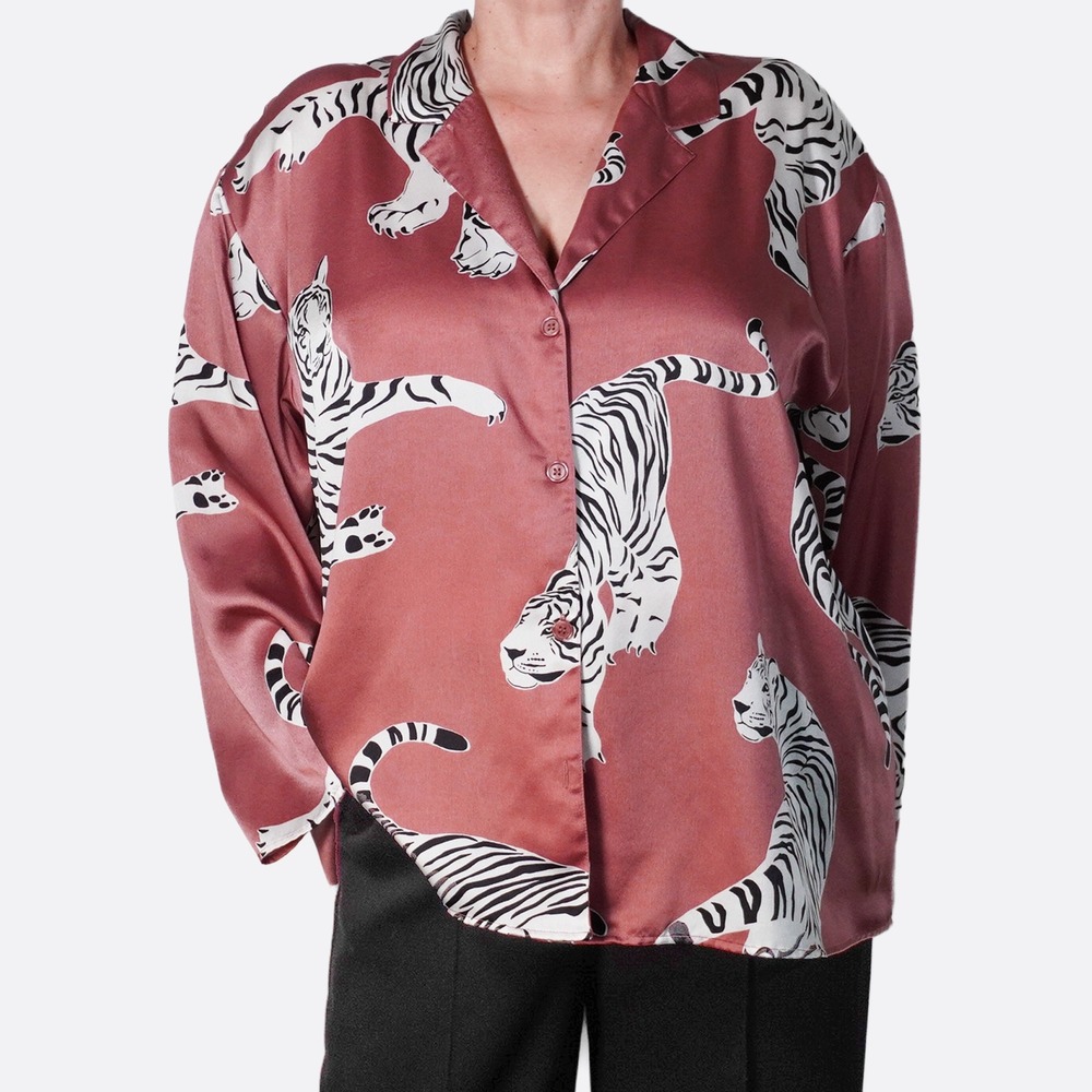 H&M Satin Tiger Print Oversized Pajama Style Dusty Rose Pink Blouse XL fits 2X